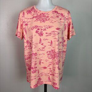 Lands' End Top Large Pink Tropical Island Palm Tree Sailboat Short Sleeve Shirt
